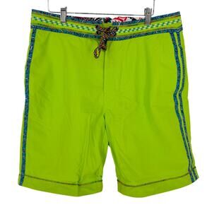 Robert Graham Men's Swim Shorts Solid Lime Green with Blue Paisley Trim 34